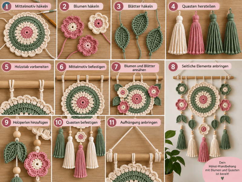 Häkel-Wandbehang mit Blumen und Quasten Schritt für Schritt