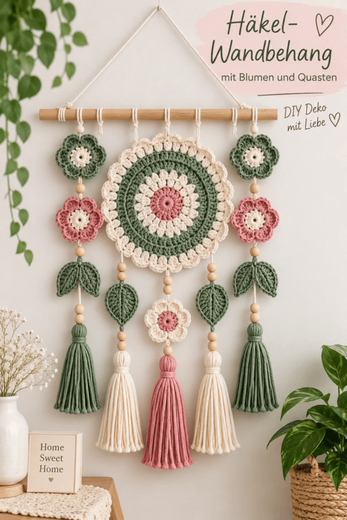 Häkel-Wandbehang mit Blumen und Quasten als DIY-Wanddeko