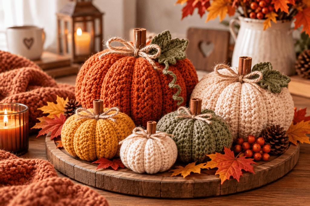 Häkelanleitung für Kürbisdeko mit fertigen gehäkelten Kürbissen in warmen Herbstfarben