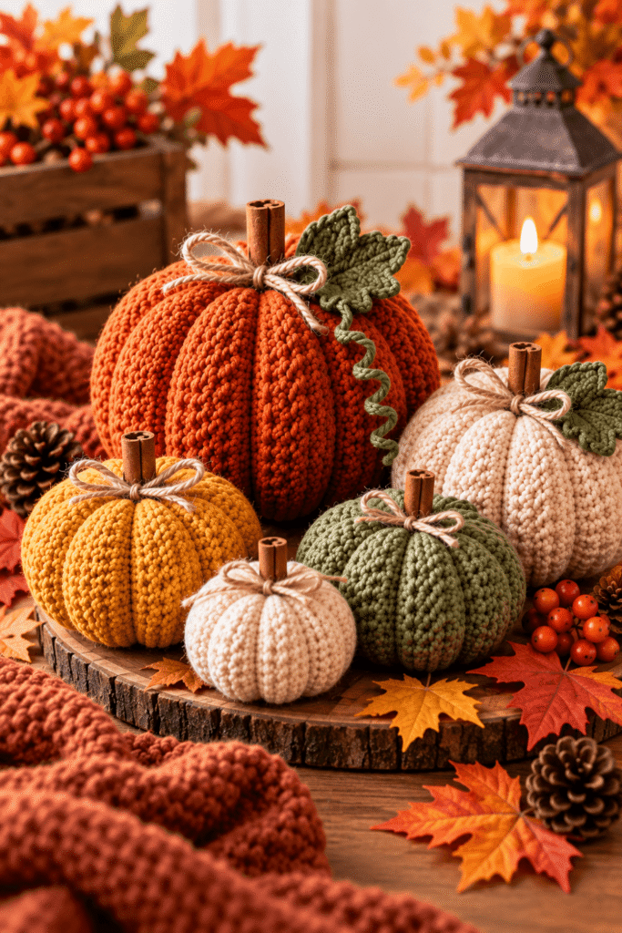 Häkelanleitung für Kürbisdeko mit dekorativen Häkelkürbissen in Herbstfarben