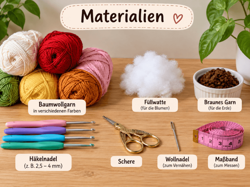 Material für gehäkelte Blumentopfhalter mit Baumwollgarn und Häkelnadeln