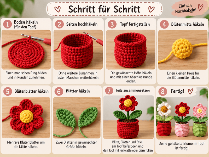 Schritt für Schritt einen gehäkelten Blumentopfhalter mit Blume anfertigen