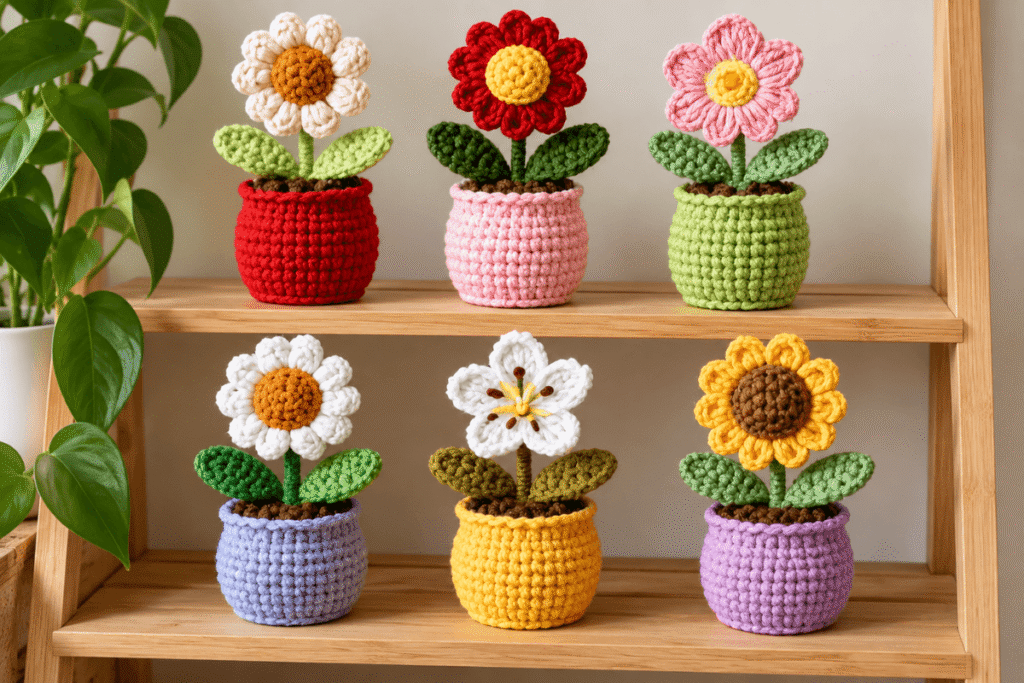 Ideen für gehäkelte Blumentopfhalter für Zimmerpflanzen mit bunten Blumen