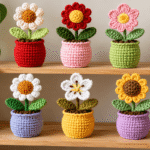 Ideen für gehäkelte Blumentopfhalter für Zimmerpflanzen mit bunten Blumen