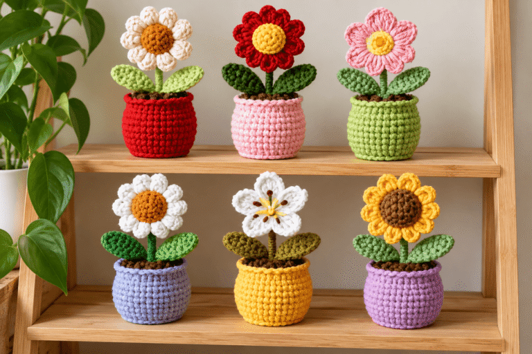 Ideen für gehäkelte Blumentopfhalter für Zimmerpflanzen mit bunten Blumen