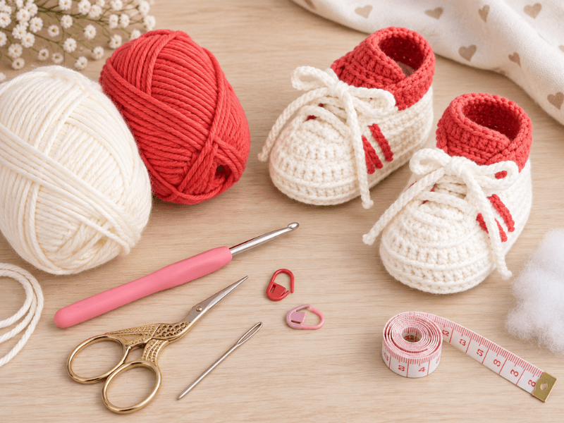 Material zum Häkeln von süßen Baby-Sneaker-Schuhen