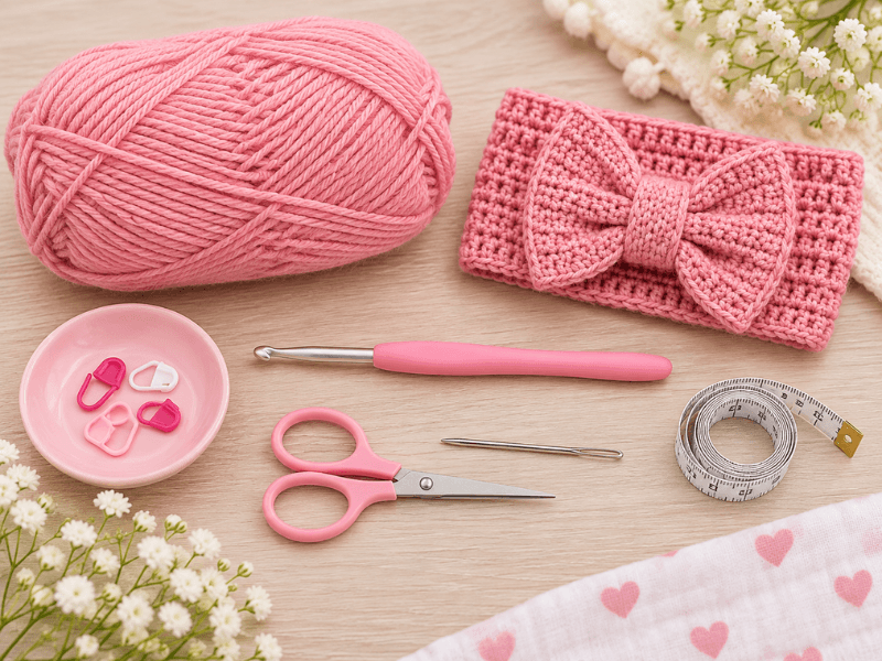 Material zum Häkeln eines Baby-Stirnbands mit Schleife